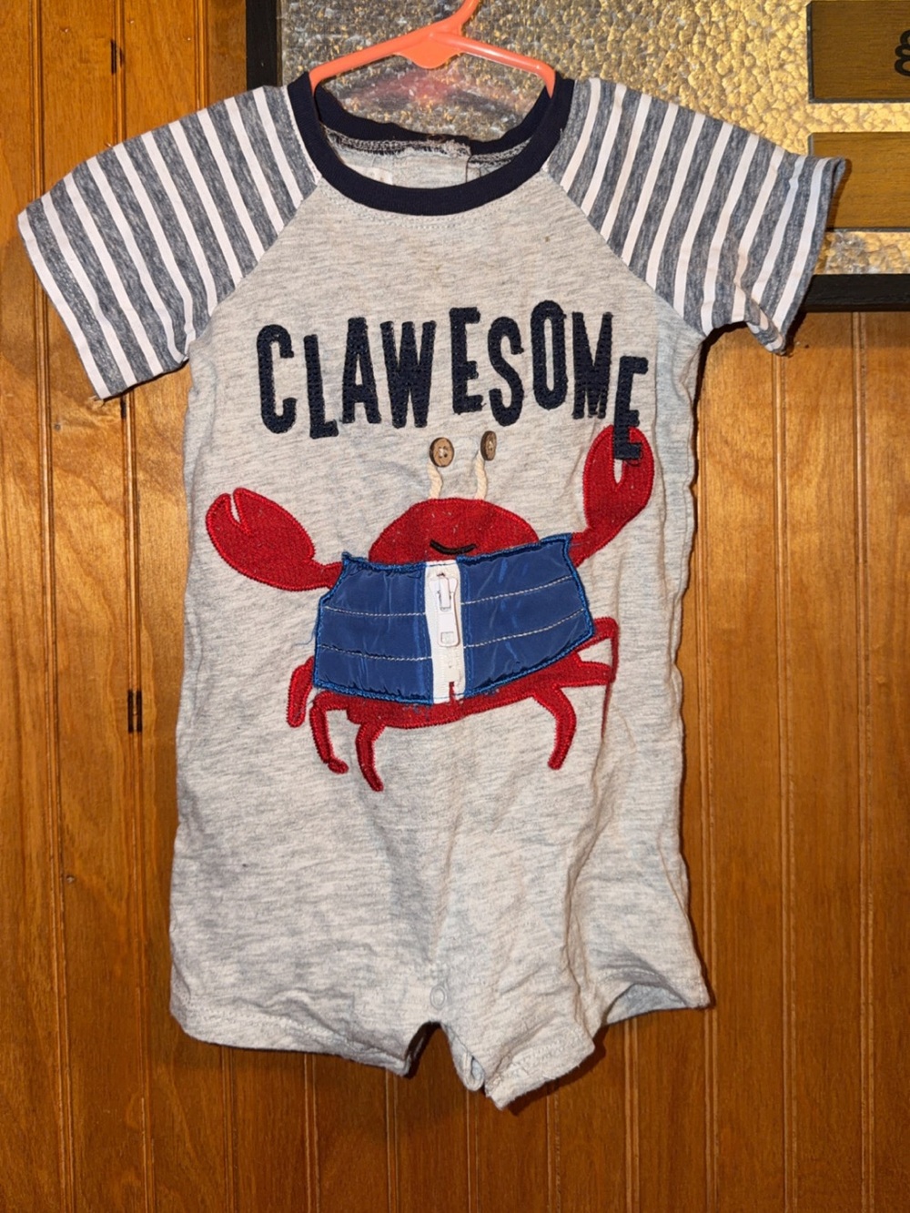 Mud Pie Gray Short-Sleeve Crab Romper with Red & Blue
